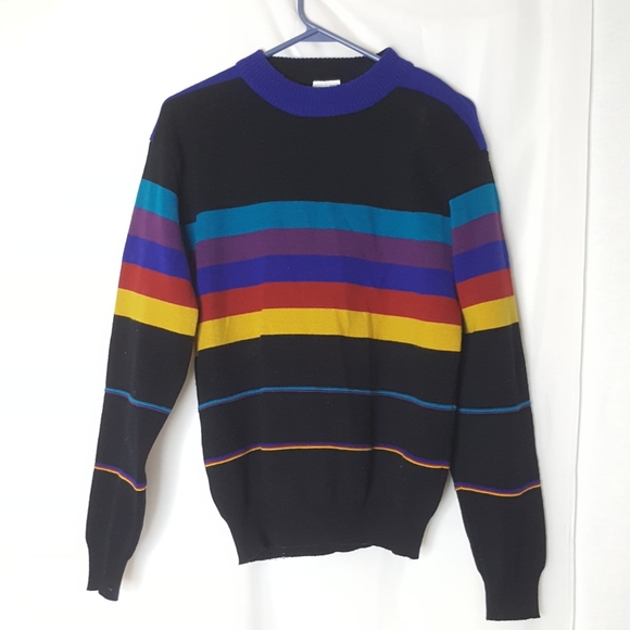 Vintage black sweater with rainbow prism stripes - Picture 2 of 4